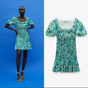 Zara Blue Floral Puff Sleeves Floral Cottagecore Mini Dress